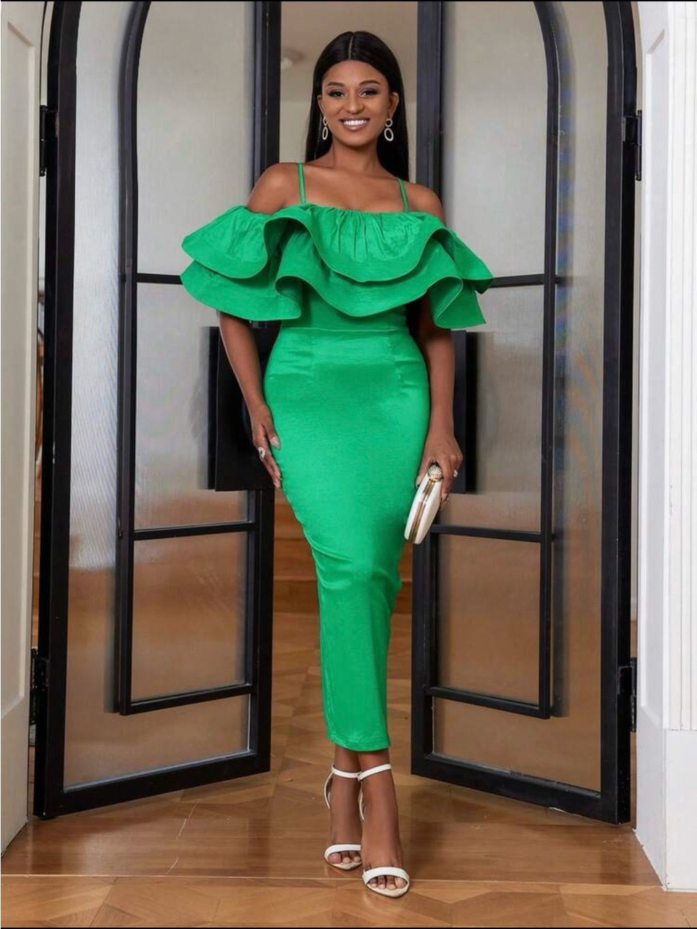 Green Ruffle Off-Shoulder Dress